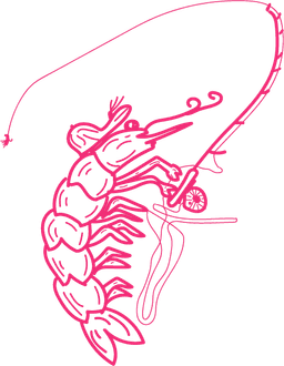 A ShoreCasts alternate logo of a pink shrimp wearing a fishing hat and casting an 8wt fly rod with a saltwater fly.